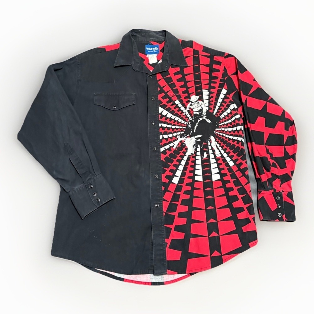 VTG Wrangler Men's Western Shirt Cowboy Rodeo Bull Ride Pearl Snap Sz XL + Red